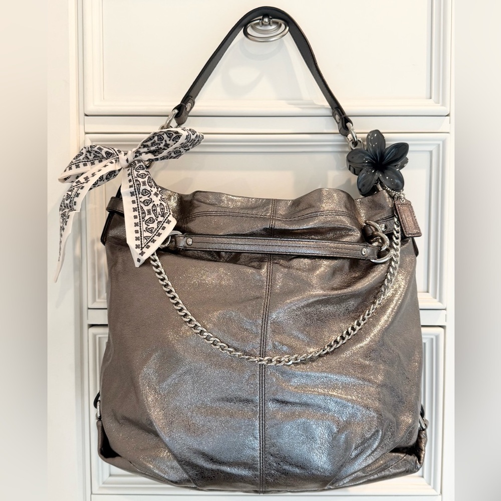 🩶 SOLD - Coach Brooke Metallic Pewter Silver Hobo Tote Bag